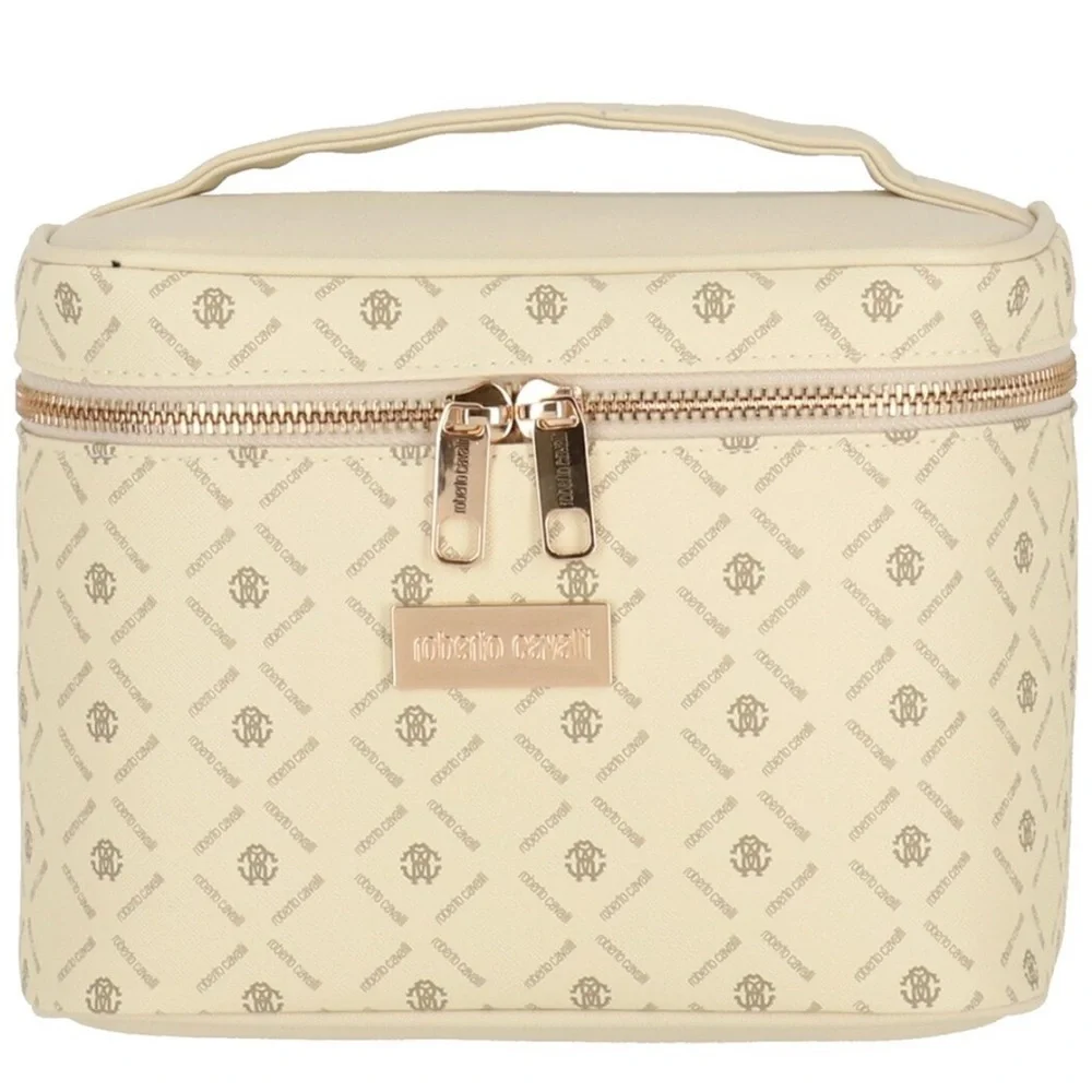 NEW Roberto Cavalli Monogram Cream Cosmetic Toiletry Bag Train Case